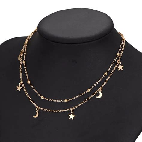 Gold Color Star Moon Pendant Necklaces Women Multi Layer Beads Clavicle Chain Chocker Necklace