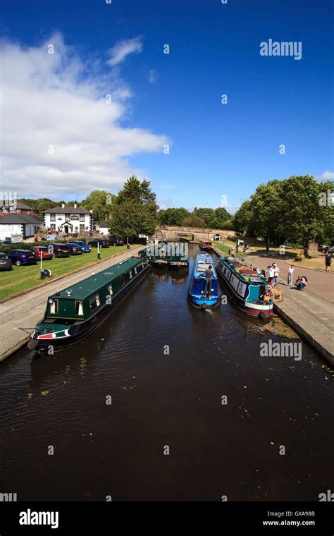 Narrowboats Moored In The Trevor Basin On The Llangollen Canal Stock