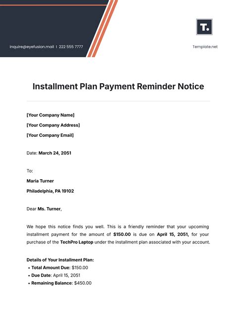 Free Installment Plan Payment Reminder Notice Template to Edit Online