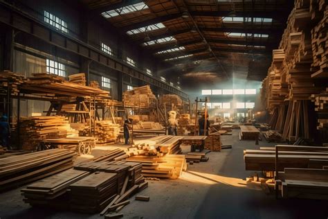 Wooden plank or board in the lumber mill industry. Stack of logs and