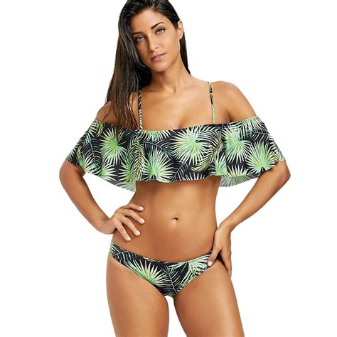 Bikinis Women Swimwear Low Waist Swimsuit Halter Sexy Bikini Set Palm Tree Flounce Bikini