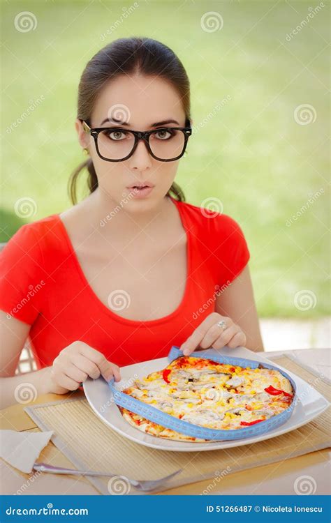 Surprised Woman Measures Pizza With Measure Tape Stock Image Image Of