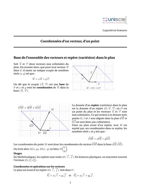 Cours coordonnées d un vecteur d un point Capacit e en Sciences