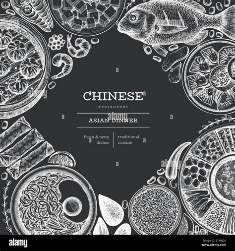 Chinese Cuisine Chalk Board Design Template Vector Hand Drawn Asian