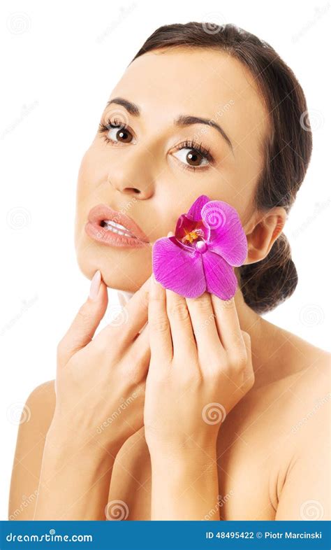 Naked Woman With Purple Orchid Petal Near Face Stock Photo Image Of Beauty Attractive