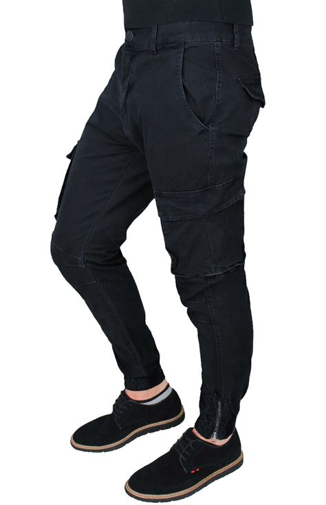 Pantaloni Uomo Cargo Slim Fit Jeans Con Tasconi Laterali Verde Nero