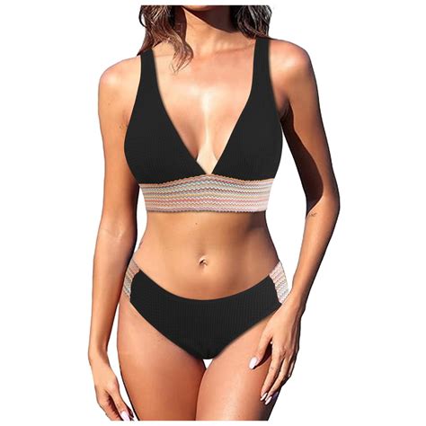 Fulorrnie Women S High Waisted Bikini Set Colour Blocked Tummy Swimsuit Two Piece Black S