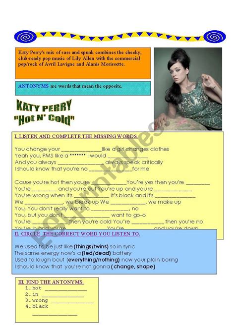 Katy Perrys Song Hot NCold ESL Worksheet By Esined