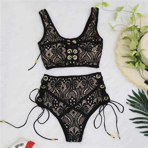 Lace High Waist Bikini With Tie Top Top Tier Style