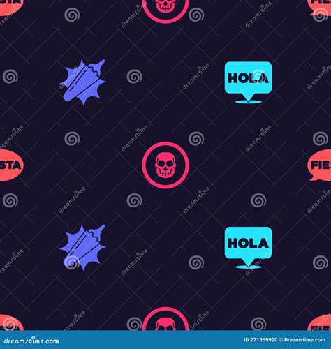 Set Hola Hot Chili Pepper Pod Mexican Skull Coin And Fiesta On Seamless Pattern Vector Stock