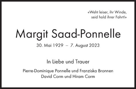 Traueranzeigen Von Margit Saad Ponnelle Sz Gedenken De