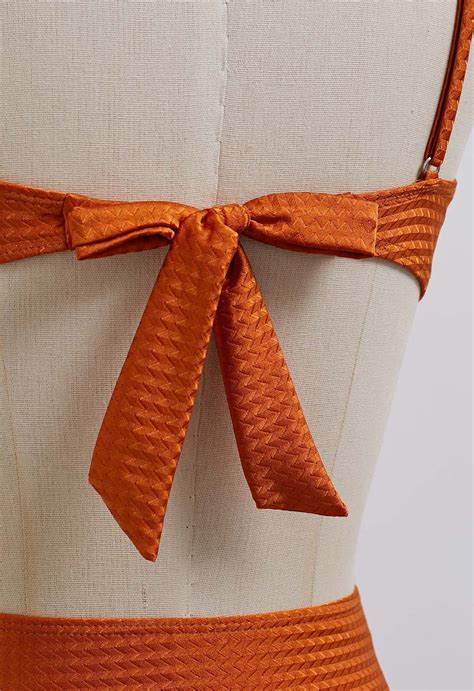 Resin Bead Asymmetric Straps Bowknot Bikini Set In Caramel Retro