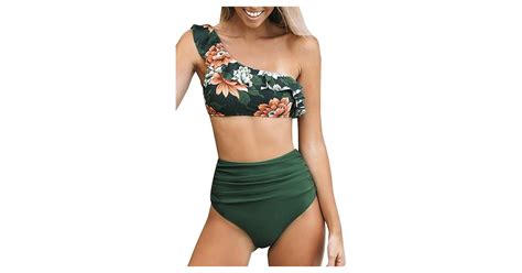 AdanWall Badeanzug Grüner One Shoulder Bikini mit Rüschen und Bauch weg Effekt