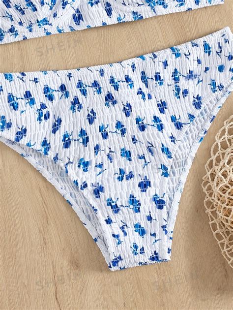 SHEIN Swim Floral Print Bikini Set Smocked Push Up Bikini Bra Top Hipster Bikini Bottom 2