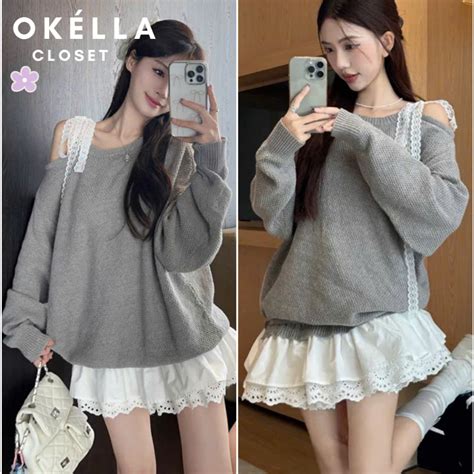 HÀNG SẴN Set Đồ Nữ Áo Len Lệch Vai mix Chân Váy Viền Ren Set váy hot girl siêu xinh Okélla