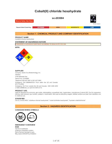 PDF Cobalt II Chloride Hexahydratedatasheets Scbt Sc 203004 Pdf