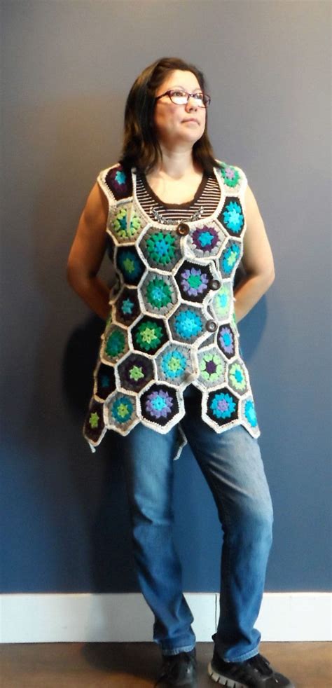 Free Form Crocheted Hexagon Vest With Wooden Buttons Form Crochet