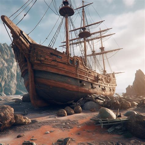 Premium Ai Image A Ship With A Large Mast Sits On A Beach