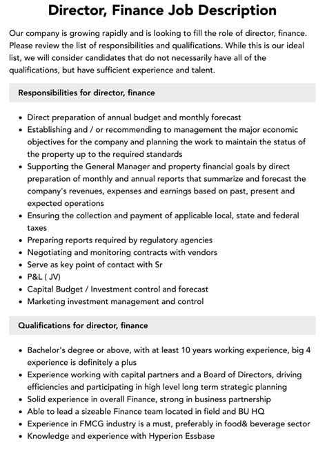 director finance job description velvet jobs