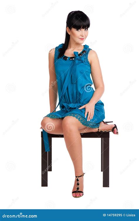 Belle Fille De Brunette Dans La Robe Bleue Image Stock Image Du Fille Chaussures