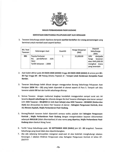 Sebutharga Pelupusan Aset Alih Kerajaan Portal Rasmi Majlis Bandaraya Pasir Gudang Mbpg