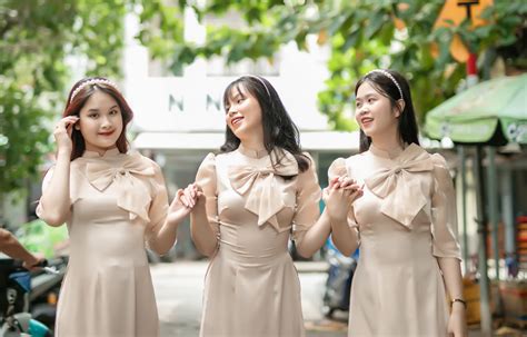 Mẫu áo dài bưng quả màu nude kết nơ BNU90 Áo Dài NiNi