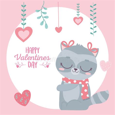 Happy Valentines Day Cute Raccoon With Bows Scarf Hearts Love Romantic