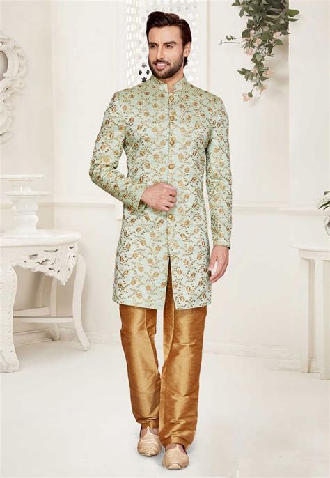 Sea Green Art Silk Readymade Indo Western Sherwani