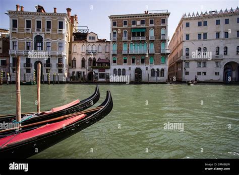 A Row Of Gondolas On The Grand Canal In Venice Italy August 2023 Stock