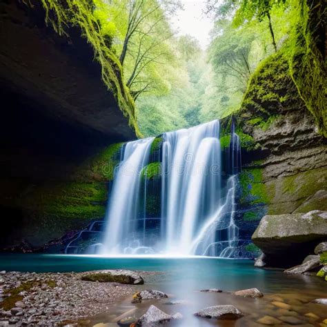 flowing waterfall scene stock photo image  nature