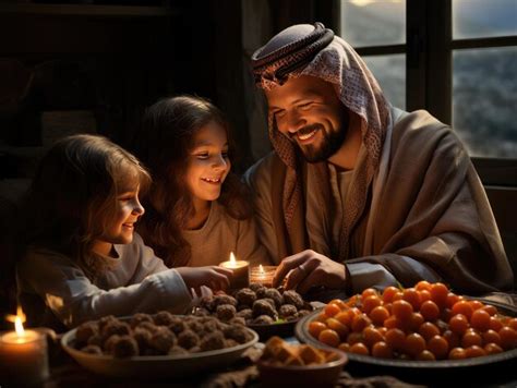 Familia Rabe Musulmana Feliz Cenando El Iftar Comiendo Comida Durante