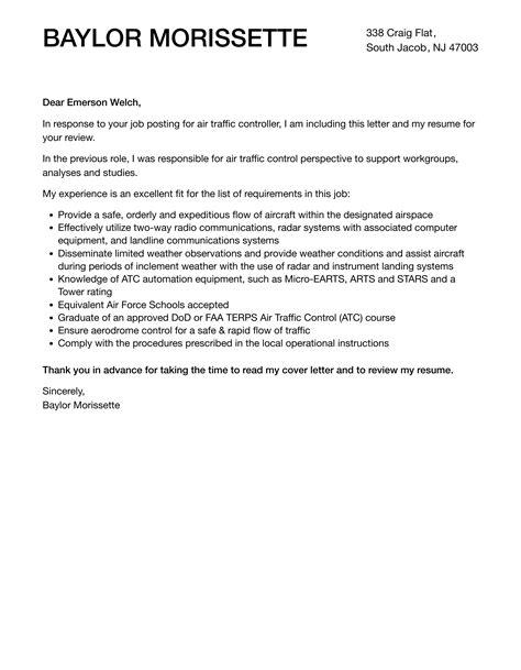 Air Traffic Controller Cover Letter Velvet Jobs