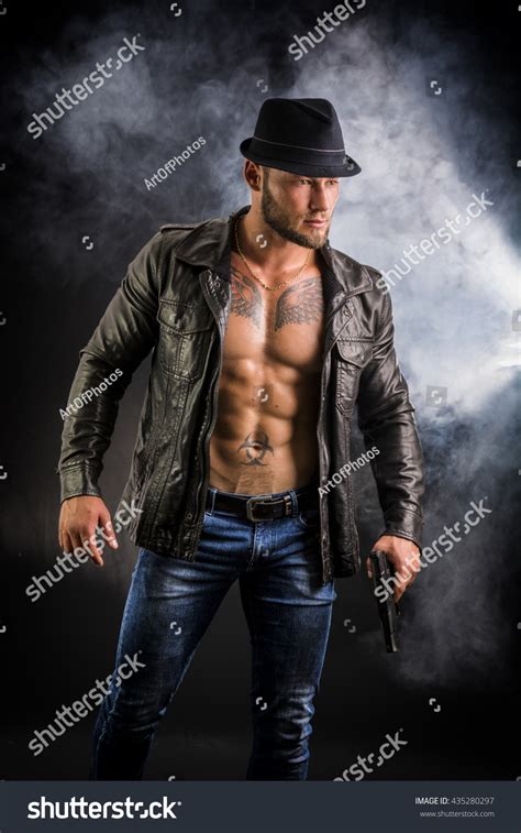 Man Wearing Leather Jacket On Naked Stock Photo Shutterstock