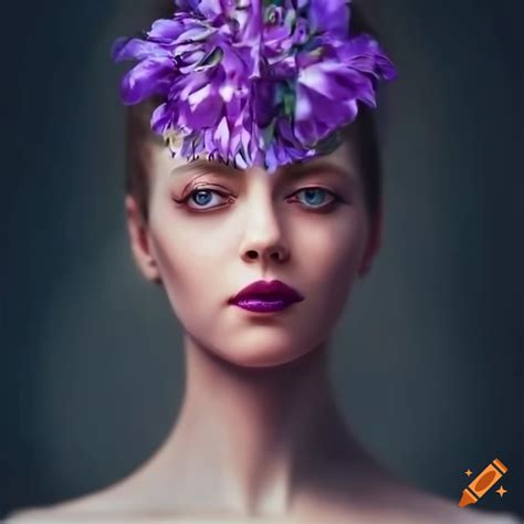 Ethereal Woman Resembling The Chess Queen With A Violet Flower In Her