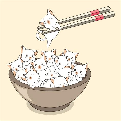 Hand Drawn Cats In Bowl With Chopsticks Vector Art At Vecteezy