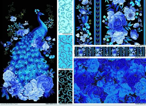 Timeless Treasures Royal Plume Large Blue Floral W Metallic Gold Black Fabric Utopia