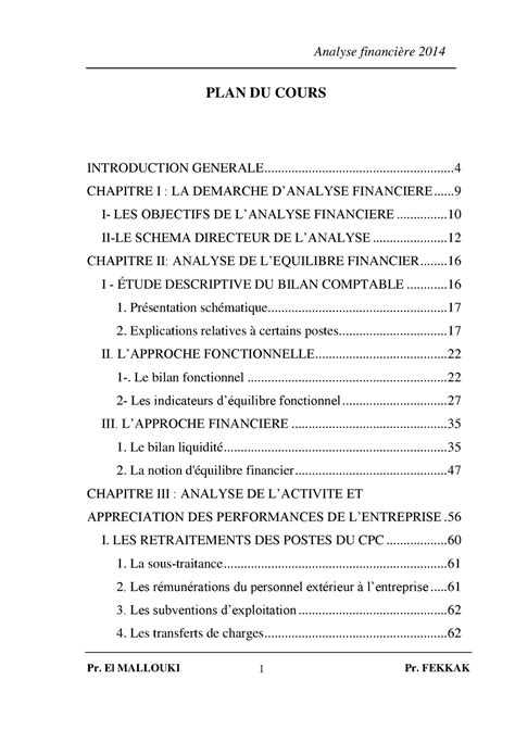 Analyse financière cours 1 PLAN DU COURS INTRODUCTION GENERALE