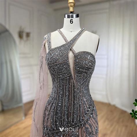 High End Nude Handmade Beading Sequins Split Front Prom Dresses 2024 Trumpet Mermaid Spaghetti