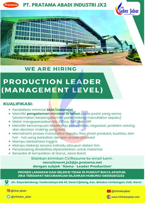 Lowongan Kerja Leader Produksi PT Pratama Abadi Industri - LOKER JABAR