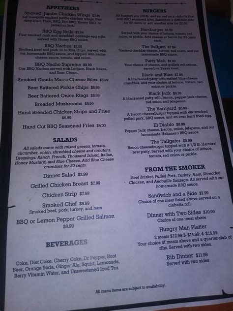 Menu At The Bullpen Pub Bar Streator