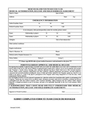 MEDICAL AUTHORIZATION RELEASE AND HOLD HARMLESS AGREEMENT Doc Template