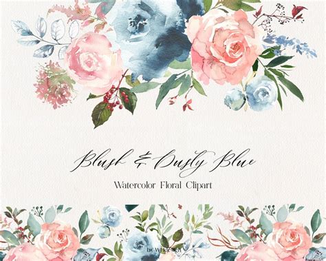 Blush Dusty Blue Watercolor Floral Clip Art Png Bouquets Etsy