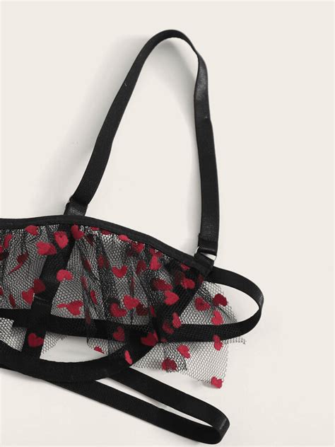 Heart Print Garter Sheer Lingerie Set SHEIN UK
