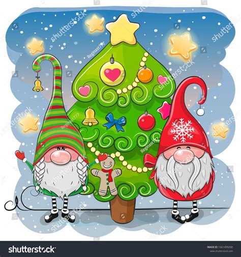 Two Cute Cartoon Gnomes Christmas Tree Stock Vector Royalty Free 1561499200 Shutterstock