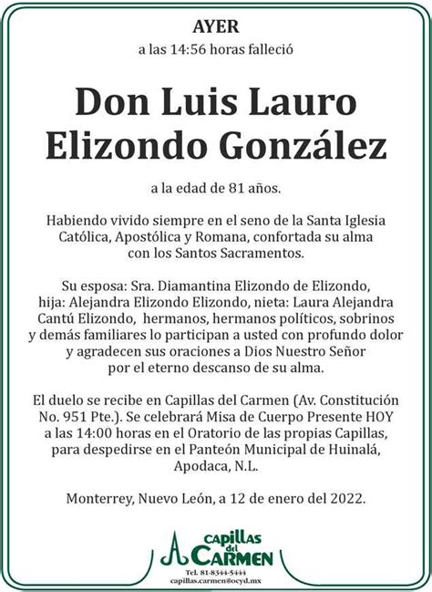 Don Luis Lauro Elizondo Gonz Lez Obituario Esquela