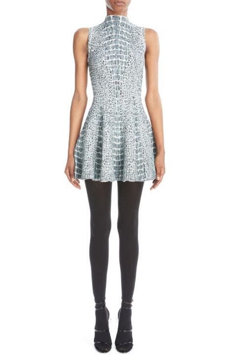 Alaïa Crocodile Jacquard Knit Skater Dress Blanc Opaline Editorialist