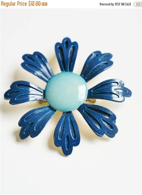 Large Mid Century Blue Vintage Enamel Flower Brooch Pin Etsy