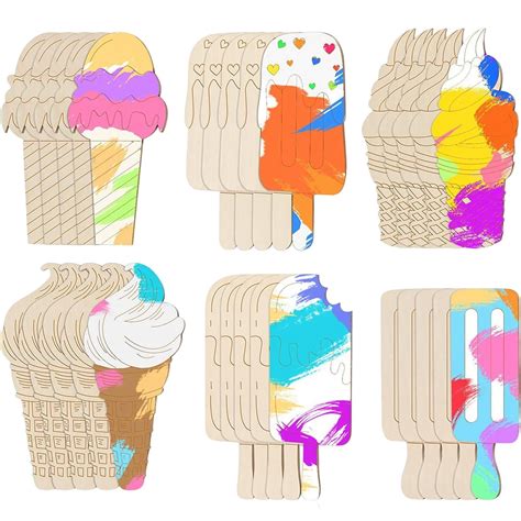 60pcs Wooden Ice Cream Cutouts Blank Slices Wood Discs Ice Cream Wood