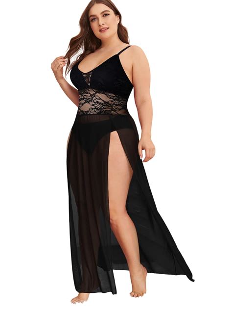 SOLY HUX Women S Plus Size Lingerie Lace Split Mesh Babydoll Lingerie Dress Long Chemise Pure