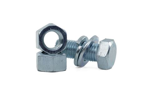 Zinc Plated Bolt Nut With Flat And Spring Nut Washers Stock Photo